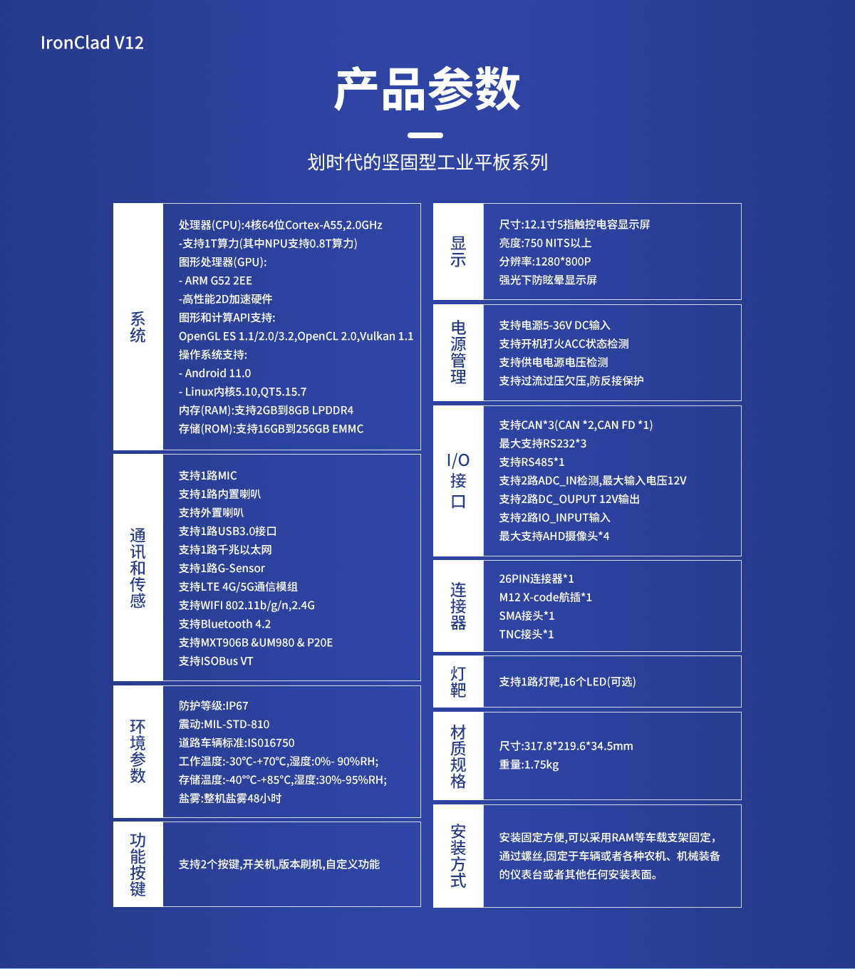 12.1寸 IronClad V12 車載平板產品參數